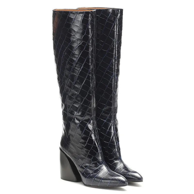 MORAZORA/ г., осенне-зимние модные сапоги до колена Высококачественная однотонная обувь на высоком толстом каблуке с острым носком женские ботинки