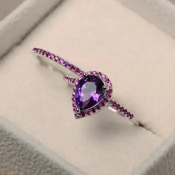 

European and American Light Luxury Classic Temperament Female Ring Purple Gem Micro Set S925 Sterling Silver Drop Shape