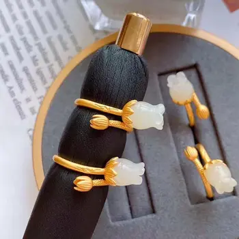 

Natural Hetian Magnolia Flower Opening Adjustable Ring Chinese Style Retro Unique Ancient Gold Craft Women's Silver Jewelry