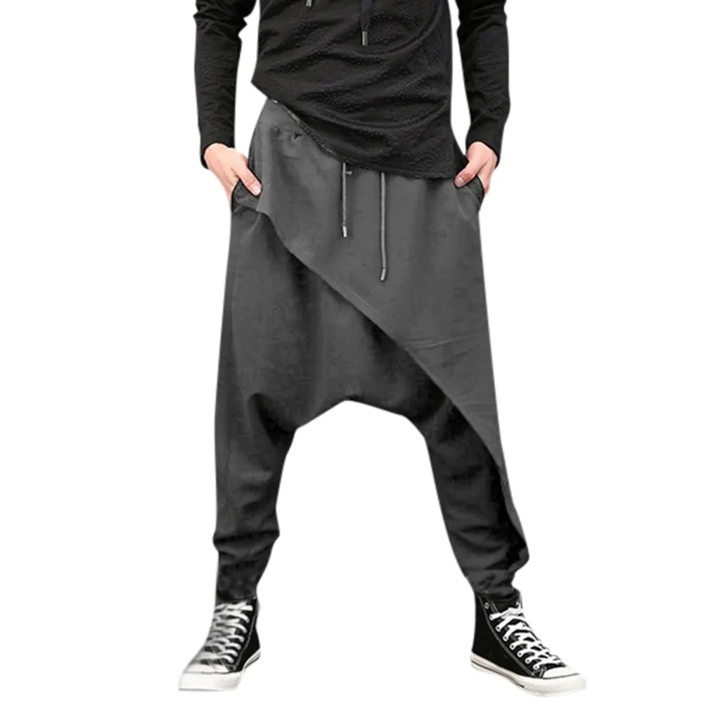 Men Casual Harem Pants Irregular Hem Loose Solid Color Yoga Hip Hop Trousers Street Fashionable Design Pants Calcas Masculuno 2