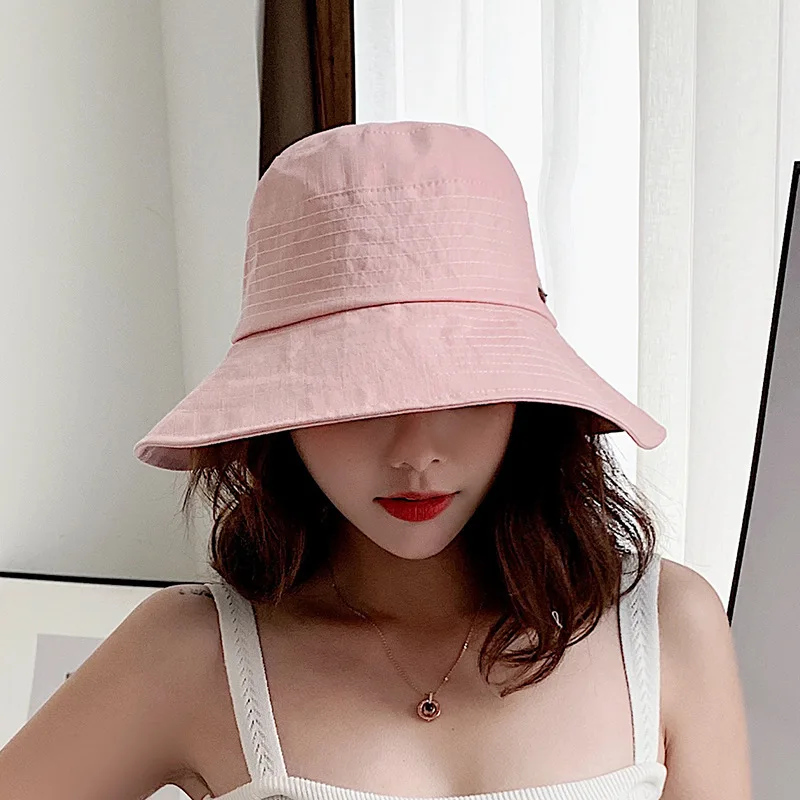 Розовый Рыбацкая шляпа женская летняя с большими полями дышащая кепка Повседневная Кепка с козырьком от солнца Корейская версия одноцветная Кепка для бассейна - Цвет: Розовый