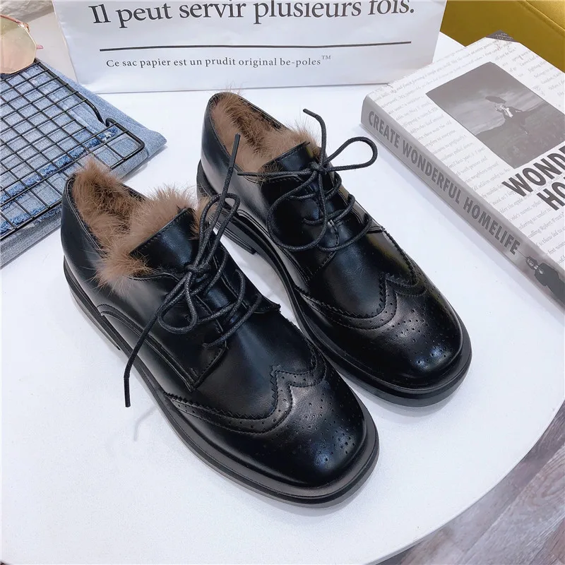 

Womens Round Toe Brogue Wingtip Warm Winter Real Rabbit Fur Liner Low Heel Lace Up Shoes Black Brown Casual British Style