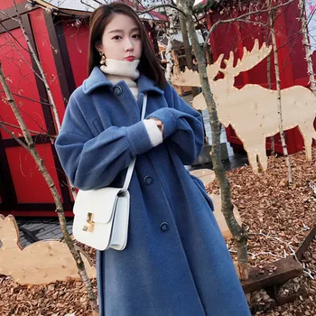 

Autumn Winter New Korean Version of The Loose Retro Woolen Coat Female Long Section Over The Knee Plus Cotton Woolen Coat