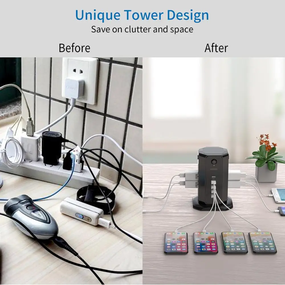 NTONPOWER US Power Strip Tower with 3M Extension Cord Surge Protector with Flat Plug 13A Circuit Breaker for Home and Office