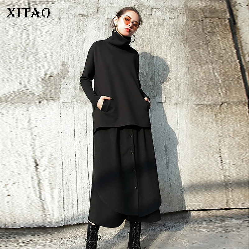 

XITAO Patchwork Irregular Pleated Wide Leg Pants Women Clothes 2019 Fashion Button Pocket Elastic Waist Pants Autumn New WQR1783