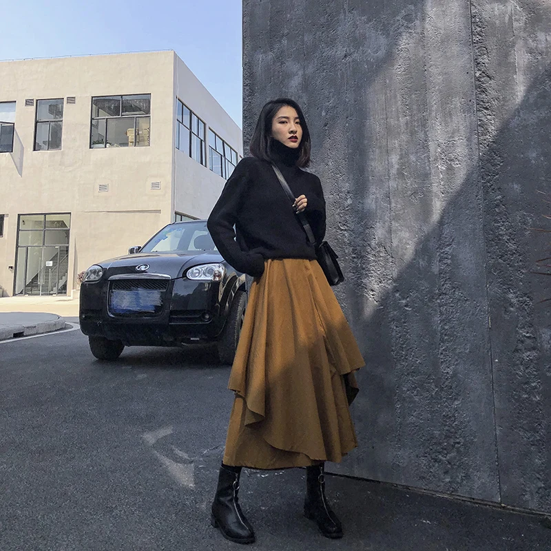 

2019 Vintage Women Skirt Female Autumn and Winter Fashion A-Line Empire Waist Solid Loose Mid-Calf Skirts