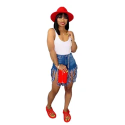 Rstylish moda feminina streetwear roupas de verão 2021 sólido cintura alta borla rasgado elástico denim mini saia