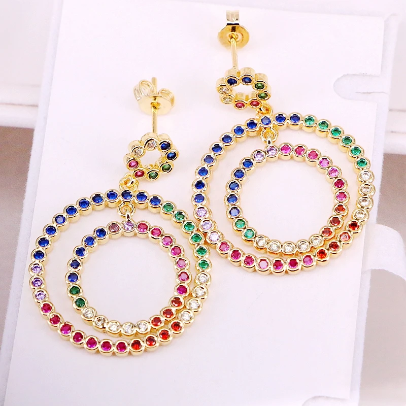 

4Pairs, Cz Micro Pave Gold Color Fashion Crystal Round Circle Earring For Women Girls Rainbow Multicolor Zirconia Party Jewelry