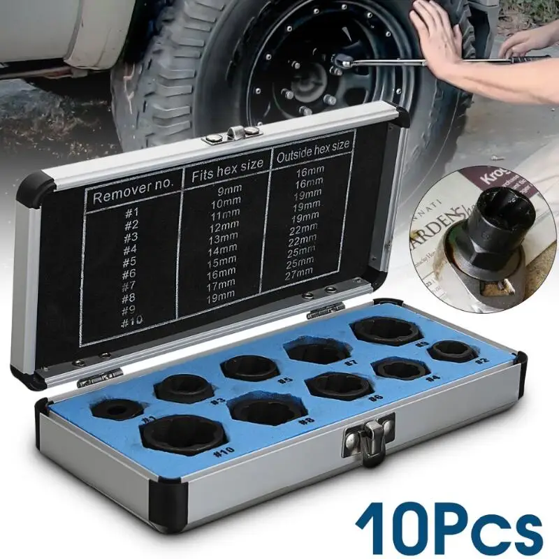 

Top Quality 10Pcs Damaged Bolt Nut Screw Remover Extractor Removal Set Nut Removal Socket Tool Threading Tools Low Tool Kit