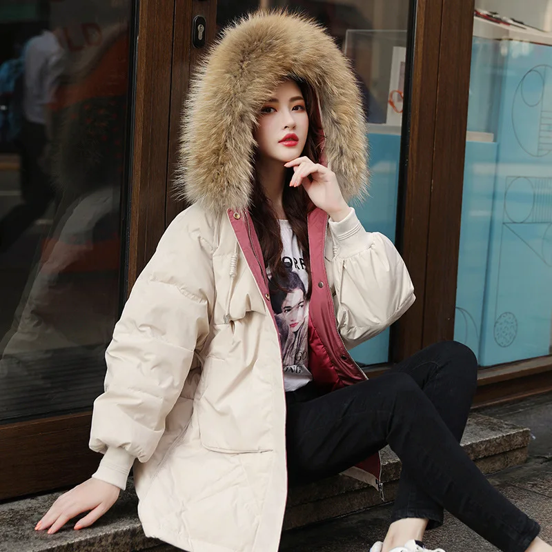 

Large Real Raccoon Fur Women Winter Jacket Hooded Warm Female White Duck Down Jacket Medium Long Parkas Loose Women Coat