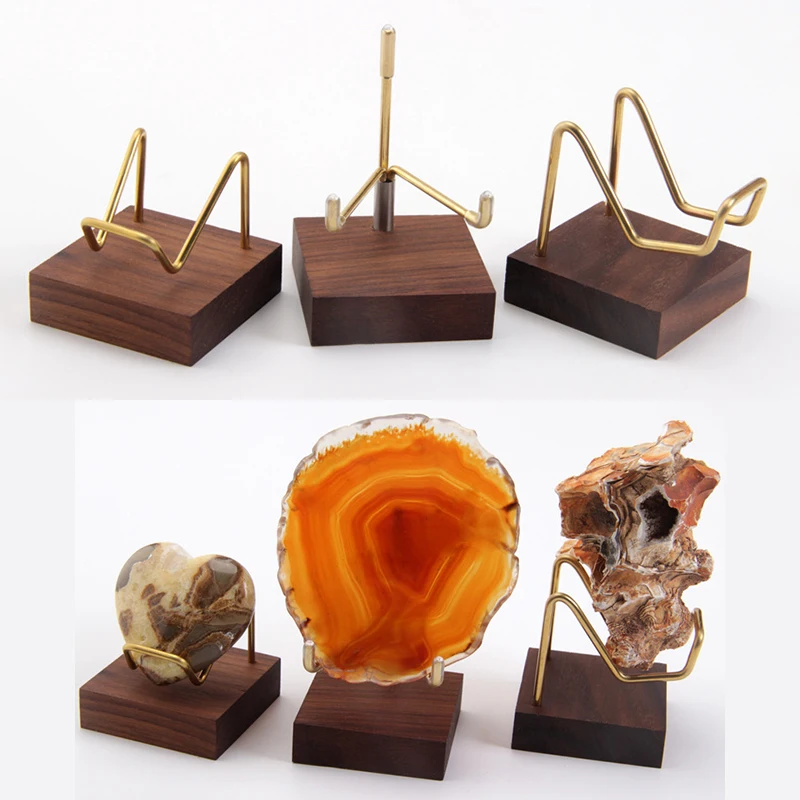 Walnut Wood Brass Metal Display Stand Crystal Minerals Specimen Natural Rock Quartz Stones Shelf