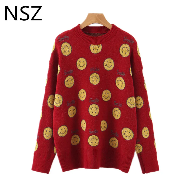 

NSZ Women Print Winter Knit Sweater Jumper Long Sleeve Round Collar Basic Knitting Pullovers