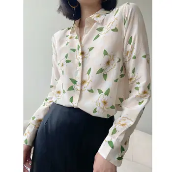 

Floral Print Women's Blouse 100% Silk Lady Long Sleeve Turn-down Collar Shirt Female Casual Soft Blouses And Tops