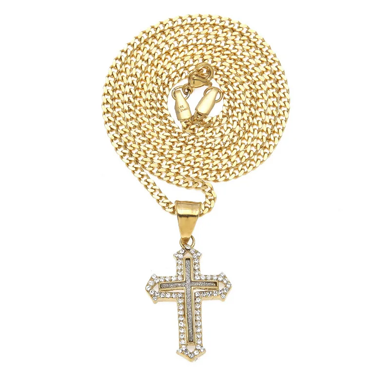 

Hip Hop Rhinestones Paved Gold Titanium Stainless Steel Double Cross Pendants Necklace for Men Rapper Jewelry 24inch cuban chain