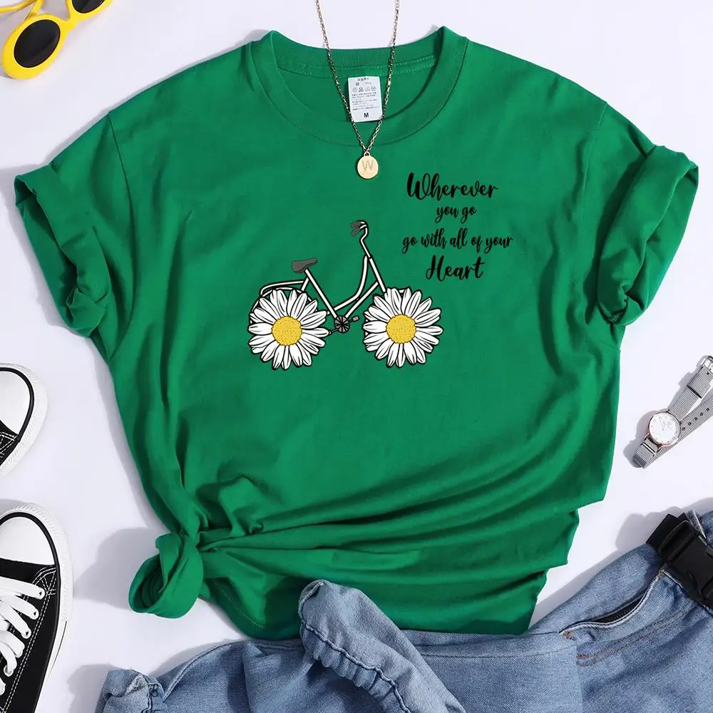 Women's Tshirt Daisy Bike Personalized Text T-Shirts Crewneck Vintage Short Sleeve Tops Korean Style Solid Color Women Tshirt
