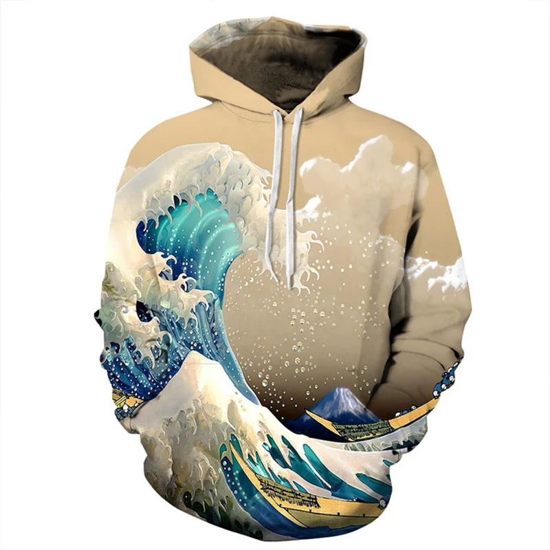 

New Design Natural Scenery Hoodies Men's Casual Long Sleeve Pullover Tops Creative Sea wave and Forest 3D Print Sweatshirt