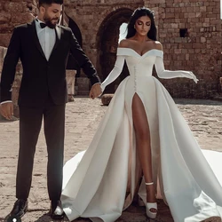 Off-The-Shoulder Floor-Length Wedding Dresses High Quality Ivory Side Slit Satin Bridal Gowns Strapless Button robe de mariée