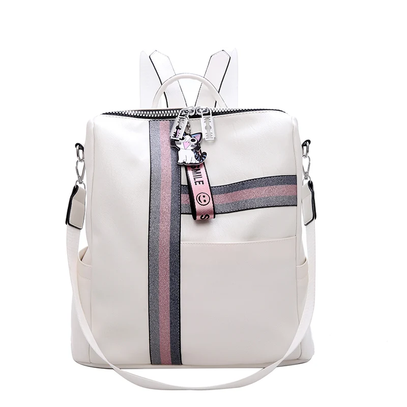 

DORANMI Striped Leather Schoolbag Women's Backpack 2019 Square Patchwork Back Shoulder Bag Mochila Female Leather RucksacK JB891