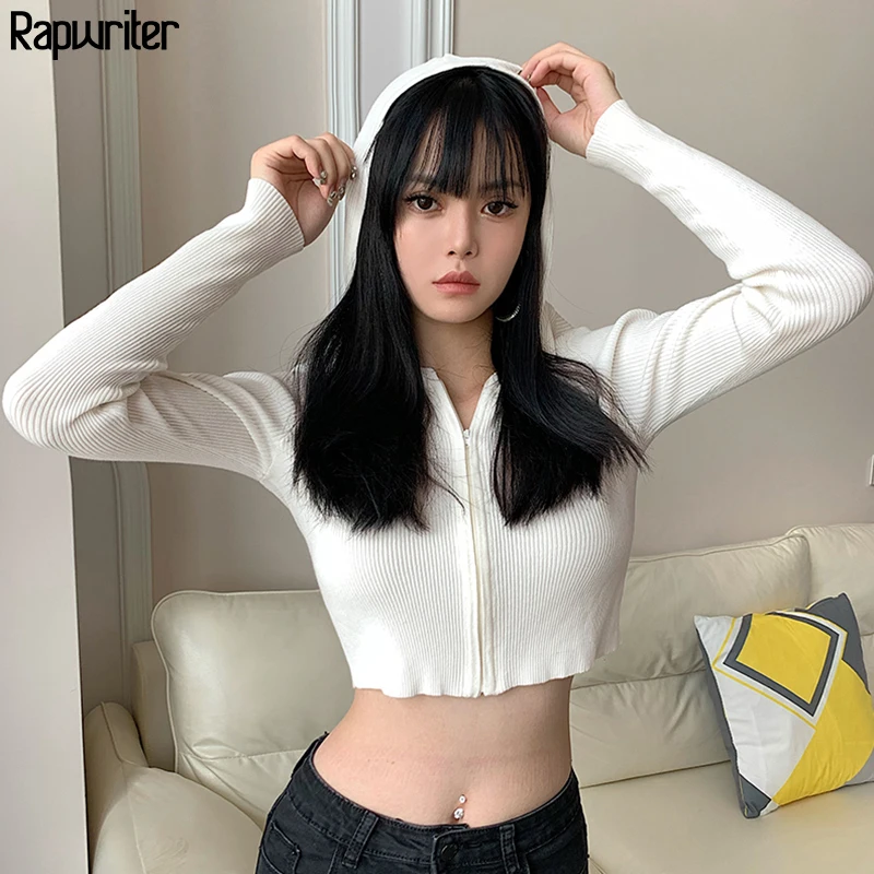 

Skinny Solid Knitted Zip Up White Hoodie Crop Top Women Harajuku Long Sleeve Stretch Basic Hoodies Sweetshirts Tops Rapwriter