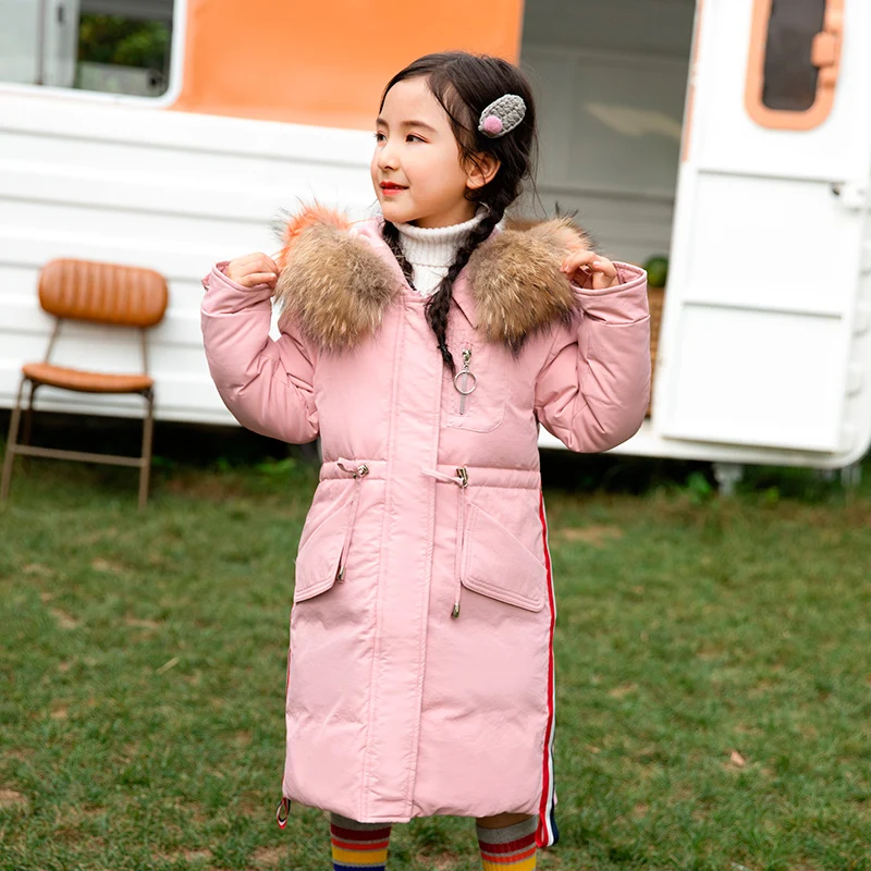 Модные зимние пуховики для девочек, теплые детские парки, пальто из натурального меха, детская утепленная верхняя одежда для подростков, на молнии-30 градусов