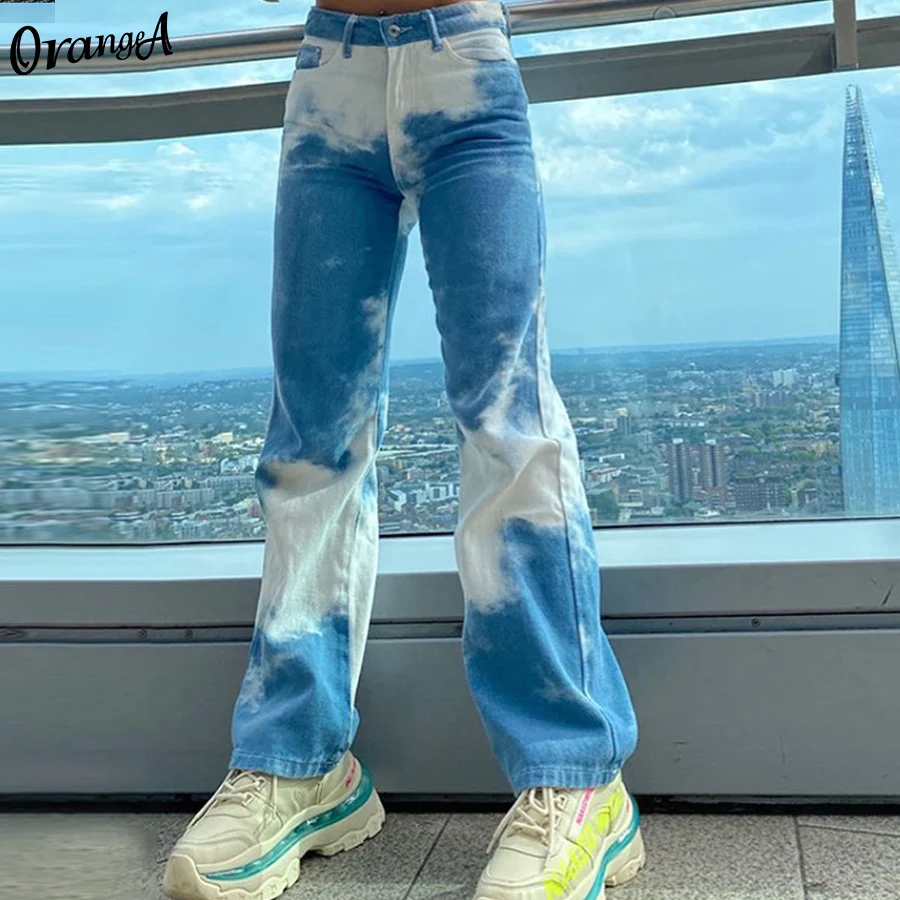

OrangeA Autumn Women Fashion Y2K Pants Tie-Dye Loose Casual High Waist Wide Trousers Streetwear Baggy Denim Pockets Outfit mujer