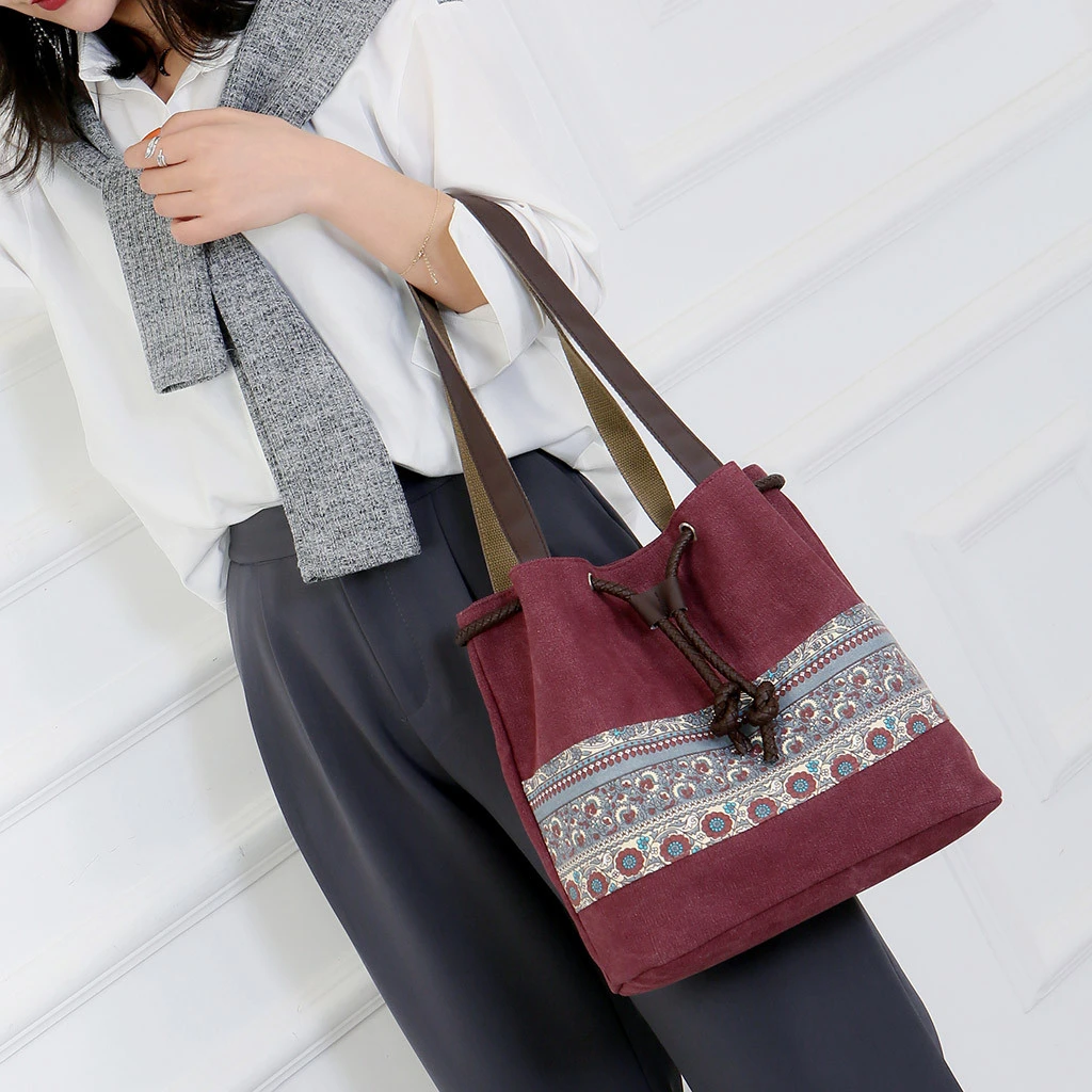 Style Canvas Handbags Women Drawstring Bucket Bag Lady Cheap Shoulder Single Shoulder Shopping Bags Floral Printed Beach Bag 820