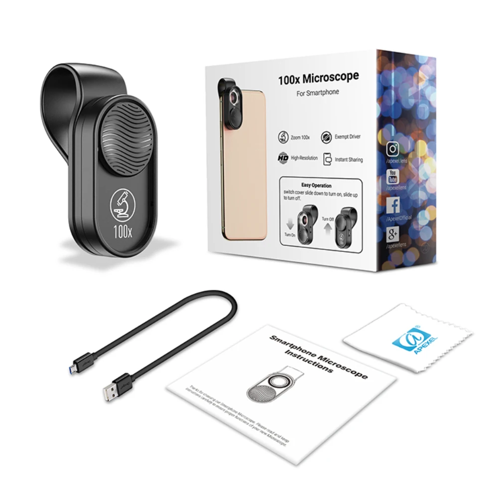 APEXEL100X microscope lens camera phone lens high magnification LED 9