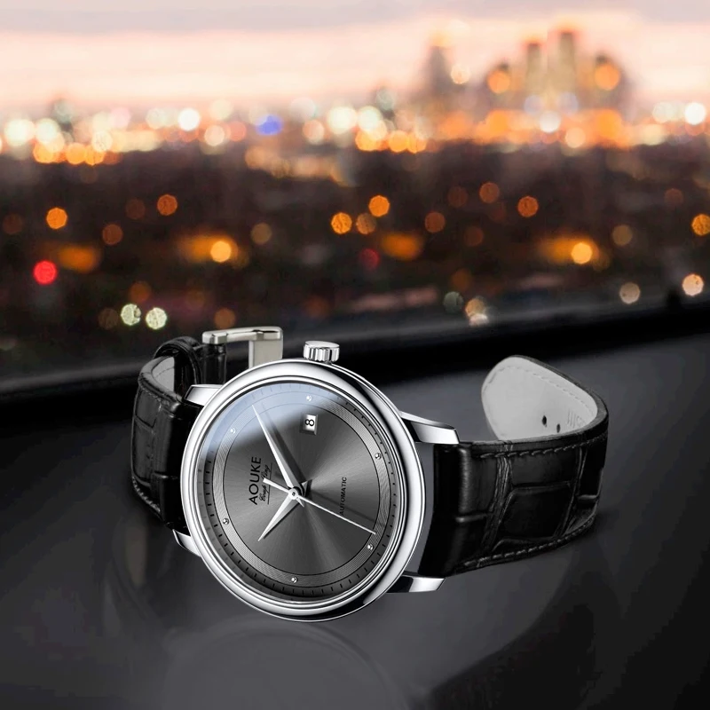  AOUKE men watch automatic self wind watches mechanical luxury wristwatches leather band reloj class