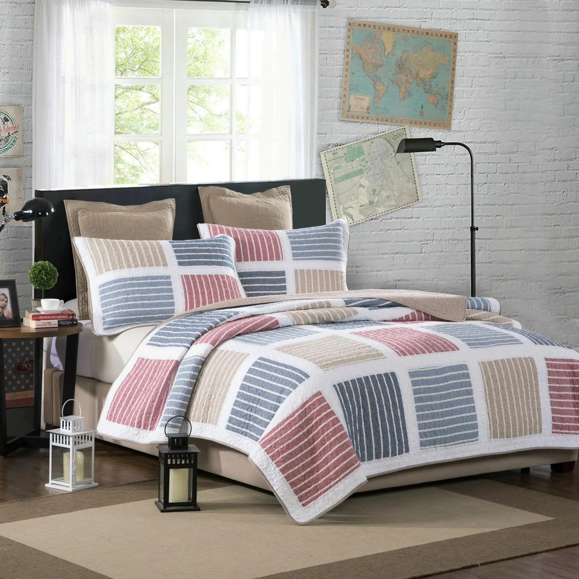Colorful Striped Quilt Bedding Set,3Pcs Real Hand Patchwork 100 Cotton