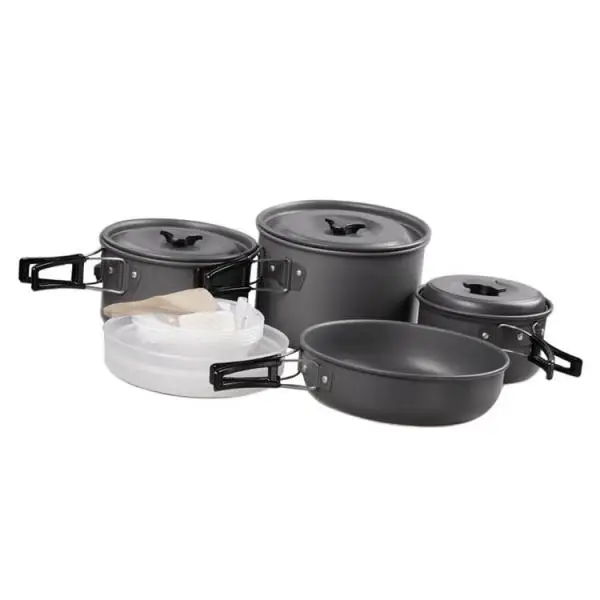 14 Pieces Outdoor Camping Hard Alumina Cookware Mess Kit  Utensils PP Dishes Bowls Spoon for 5 Person