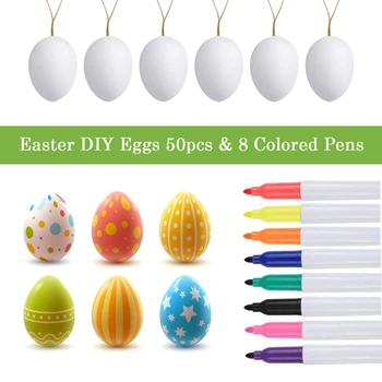 

50pcs Easter Eggs+8pcs Color Pens DIY Painting Simulation Eggs Handmade Creative Crafts Gadget Party Hanging Decoration Ornament
