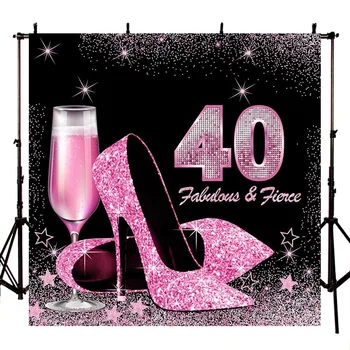 

Happy 40th Birthday Party Photography Backdrops High Heels Wine Balloon Purple Glitter Photographic Background for Photo Studio
