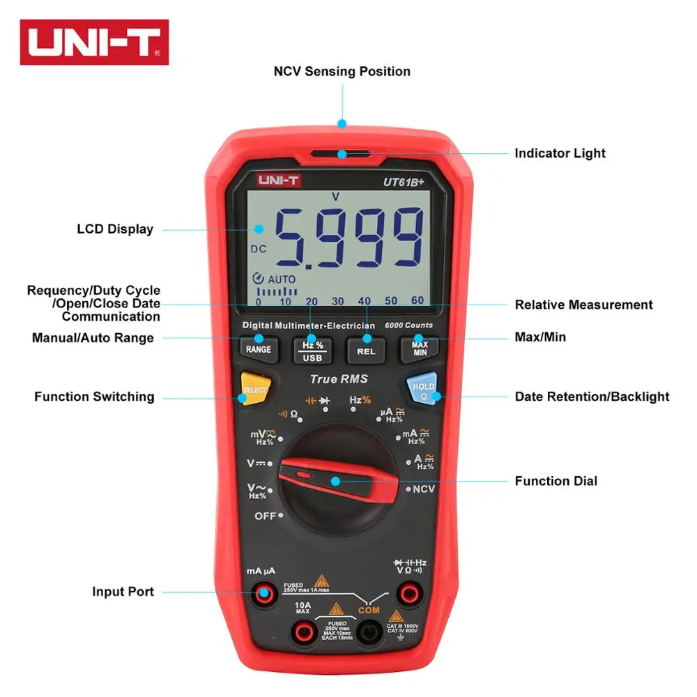 UNI-T Digital Multimeter UT61B+, True RMS 1000V AC DC 6000 Counts USB  Transmission NCV Measures Voltage AC/DC Current Resistance Capacitance  Frequency