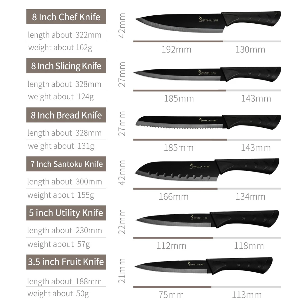 Sowoll 6 шт./компл. Нержавеющая сталь Кухня Набор ножей, острые чёрные лезвие, хлебный нож Мясо рыба шеф-повар Ножи комплект Пособия по кулинарии инструмент