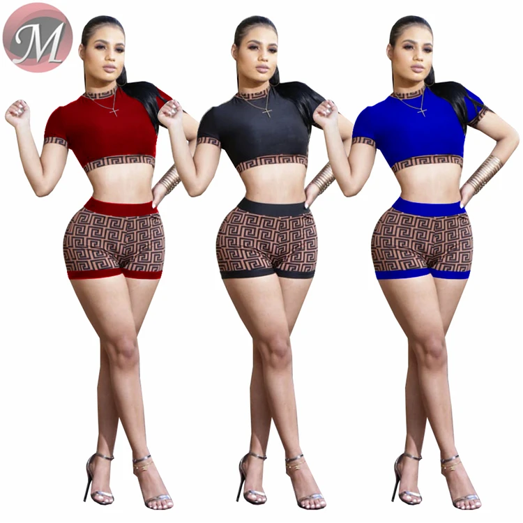 9032715 HOT sale women sports crop top and mini shorts two piece set