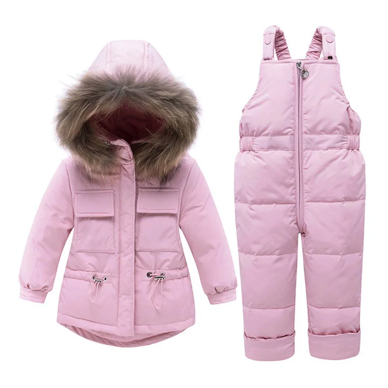 IYEAL/комплекты одежды для маленьких девочек зимняя куртка с капюшоном и натуральным мехом для России+ комбинезон, детский лыжный костюм для снежной погоды 1, 2, 3, 4 лет - Цвет: Розовый