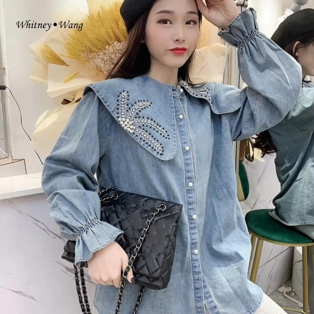 WHITNEY WANG блузки 2020 Весенняя мода уличная одежда 3D кружева цветы бриллианты