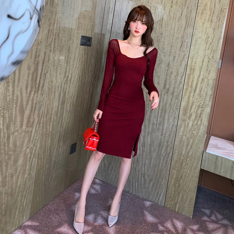 

Burgundy Long Sleeve O Neck Backless Women Dress Autumn Mesh Patchwork Dresses Office Bandage Vintage Sexy Party Dress Vestidos