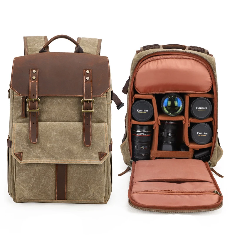 New Camera Bag Camera DSLR Shoulder Photography Backpack Waterproof Large Capacity Wax Dye Canvas Backpack Outdoor Bag (2)