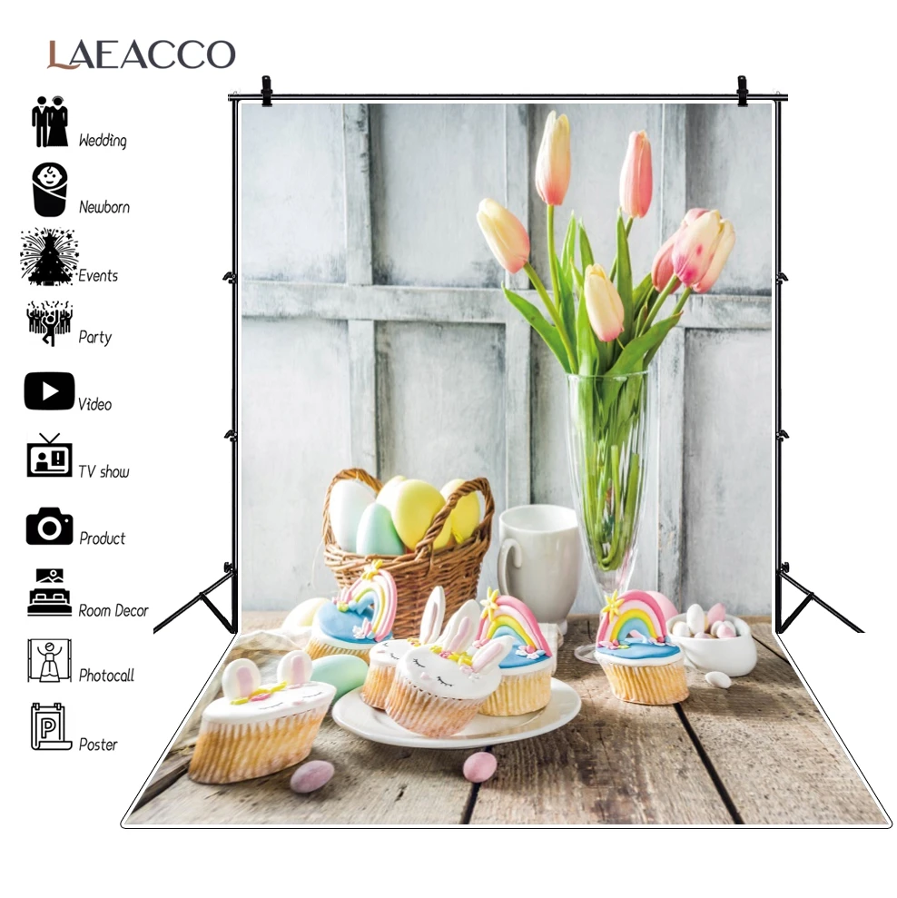 

Laeacco Bunny Baby Party Easter Eggs Rabbit Photography Backdrop Flower Wood Table Rainbow Cake Photo Background Photo Studio