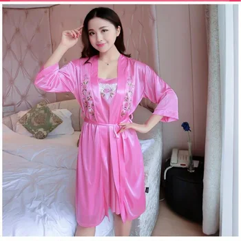 

Women Satin Luxurious Sexy Long Sleeve Nightdress With Belt Lace Sexy Home Nightwear