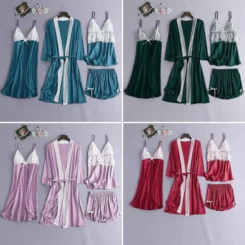 

4 Piece Sexy Pajamas Set Women Silk Satin Robe Lace Sling Sleepwear Homewear Suit With Chest Pads