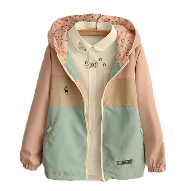 

Nice Spring Autumn Hooded Jackets Cartoon Print Patchwork Coat Two Side Wear Casual Full Sleeve Loose Jacket Outerwearr