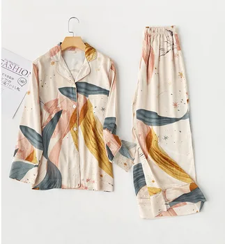

Spring Newest Model Casual Style Romantic Starry Printed Women Pajamas Set Tops with Trousers Pijama Mujer Verano