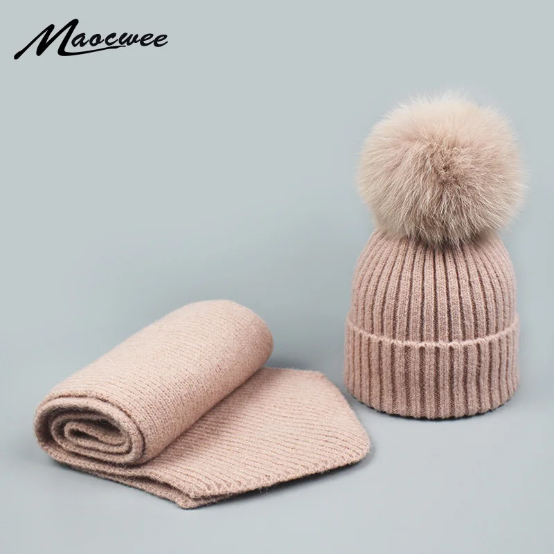 Зимний комплект для родителей и детей из шапки шарфа с помпоном натурального