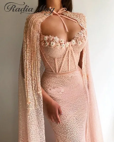 Блестящее розовое Персиковое арабское вечернее платье-Русалка с блестками и накидкой, милое платье с объемными цветами, платье для выпускного вечера в Дубае, длинное формальное платье