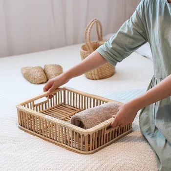 

Home office storage basket Rectangular handmade rattan desktop storage basket