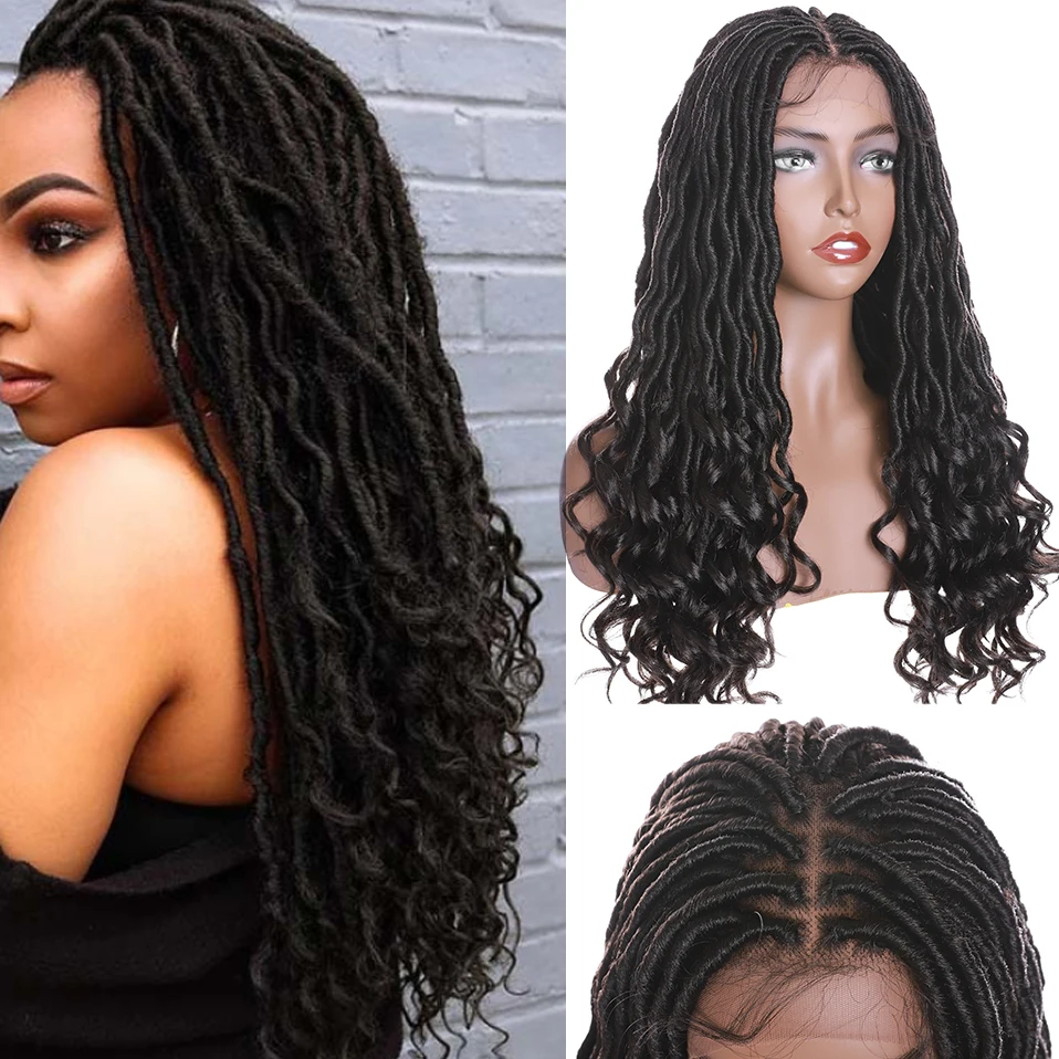 Wig Hair Dreadlocks Braided Locs Middle-Part Faux Lace-Front Synthetic Black-Women Ombre