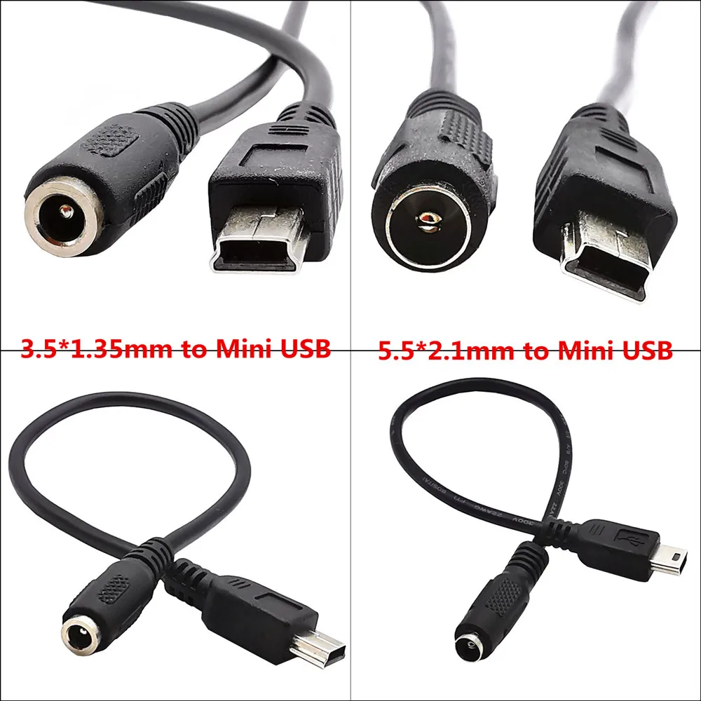 3а DC разъем питания Женский 3 5 мм x 1 35 мм/5 * 2 к мини USB Pin Мужской кабель 20 см черный
