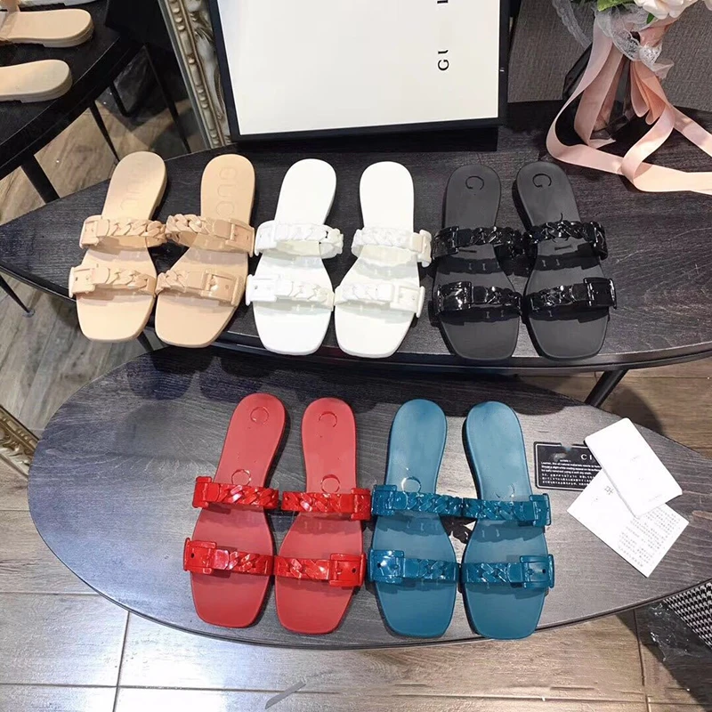 

2020 Famous Designer Brand Slippers Gucc High Quality PVC Ladies Chain Design Sandals Fashion Brand Flat Shoes Women Slippers
